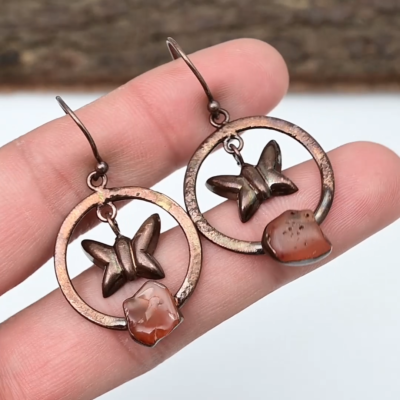 Copper Electroformed Amber Raw Gemstone Handmade Hook Earrings