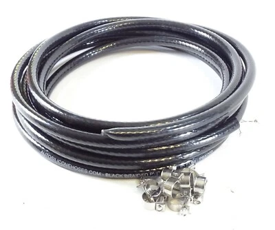 AUTOSILICONEHOSES Black PVC Braided Hose + 2 Pipe Clips - Flexible Air Water Oil Fuel Food Grade