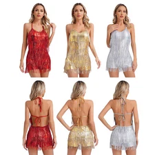 Womens Rompers Lace-up Bodysuit Backless Jumpsuits Shiny Mini Dress Sexy Fringe