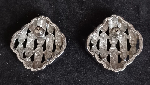 Earrings Silver Plated Open Basket Weave Square Stud Amanda Smith 1" - Picture 7 of 8