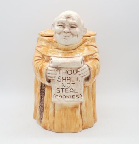 Vintage Fat Bald Monk Friar Tuck Cookie Jar "Thou Shalt Not Steal Cookies" USA