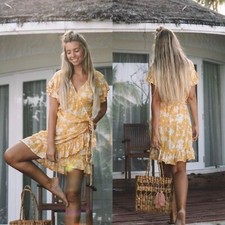 Billabong Wrap And Roll Floral Mini Wrap Dress, Bright Gold - Size S