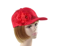 Red Baseball Cap Hat Rose Buttterfly Feathers Red Metallic Hatband Society Lady