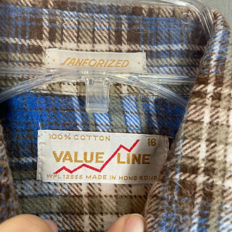 Camisa De Colección Franela Manga Larga A Cuadros Niños Talla 14 Adolescentes Años 70 80 Azul Sanforizada Foto 3 de 4