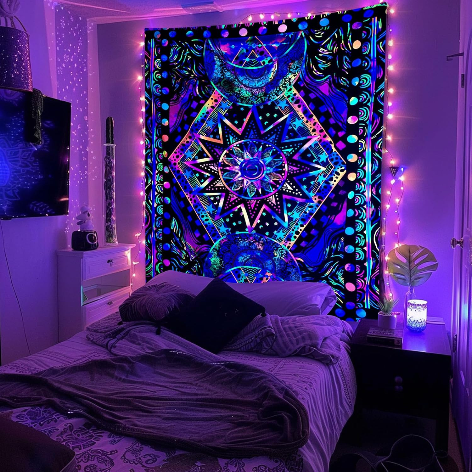 Blacklight Sun and Moon Tapestry Glow in The Dark Neon Hippie Bohemian Tapestrie