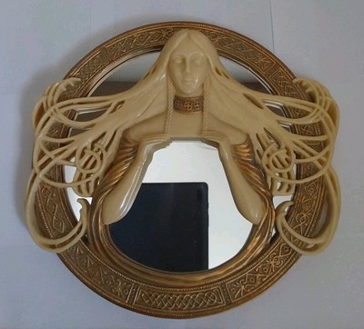 Vintage Arts And Crafts 11 '' Round Valkyrie Woman Figurine Gold Accents Mirror 