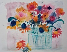 Blumenstrauß Farbenfroh Unikat Aquarell Auf Büttenüpapier Glitzereffekt