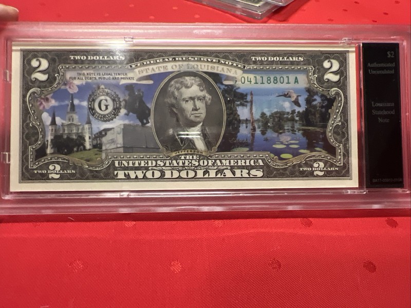 Louisiana Two Dollar $2 Dollar Note Colorized fr Bradford Exchange Uncirculated