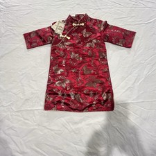Kid's Girls Satin Qipao Cheongsam Dresses Knee Length Short Sleeve Tang Suit RED