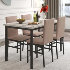 5 Piece Kitchen Dining Set With Faux Marble Table And Faux Leather Padded Chairs