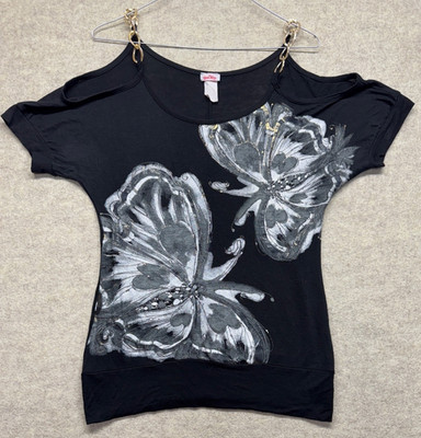 Vintage Bling Bling Top Women M Black White Open Shoulder Cold Chain 90s Y2K