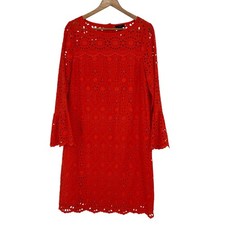 J. Crew Orange Eyelet Cotton Blend Dress Bell Sleeve Button Back Size 10T