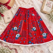 German Vintage Red Floral Midi Skirt Cotton Folk Cottagecore Made in Germany