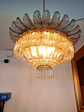 Plafoniera antica cristallo colorato con foglie e corona in ottone 5 punti luce