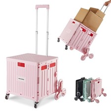 Foldable Utility Cart with Stair Climbing Wheels Collapsible Rolling Crate Pink
