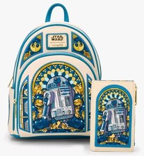 Image of NEW! Loungefly Star Wars R2-D2 Stained Glass Portrait Mini Backpack & WALLET Set