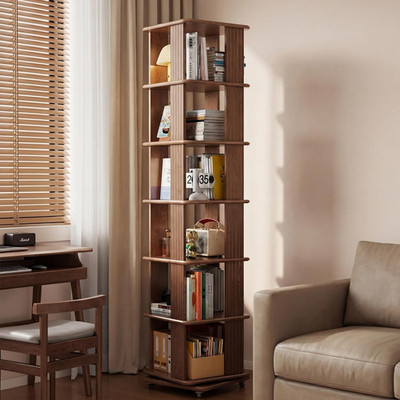 Walnut 6-Tier Rotating Bookshelf - 360° Spinning Bookcase for Small Spaces