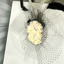 White  Black Mesh Flower Fascinator Headpiece w/ Net Veil Hair Clip One Size