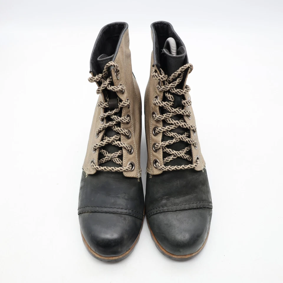 Botas anabela Sorel Lexie couro preto lona cinza femininas EUA tamanho 10 tornozelo - Imagem 2 de 4