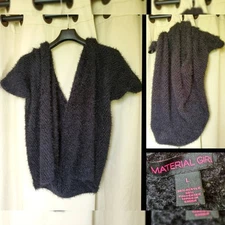 Material Girl Women's LARGE Black Fuzzy Open Shaggy Sweater Cardigan Stole