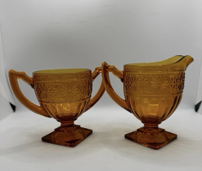 Vintage Amber Tiarra Daisy Pattern Cream & Sugar Set Indiana Glass Company