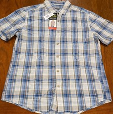 NEW Eddie Bauer Shirt Mens Medium Blue Orange Tan Plaid Button Up Collar Pocket