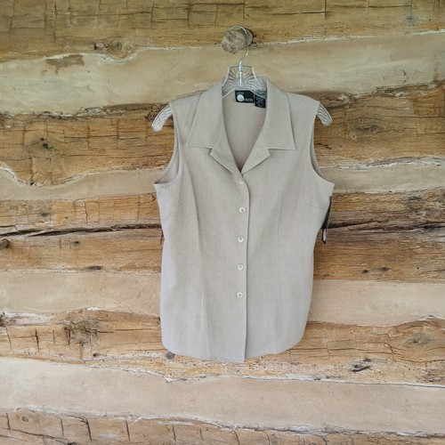 First Option Women's Shirt Sleeveless Button Down Linen Blend Beige NWT Medium