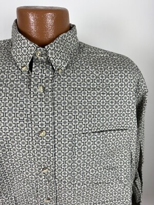 Vintage 90s Geometric Shirt Men Large Casual Beige Cotton Button Down Trader Bay