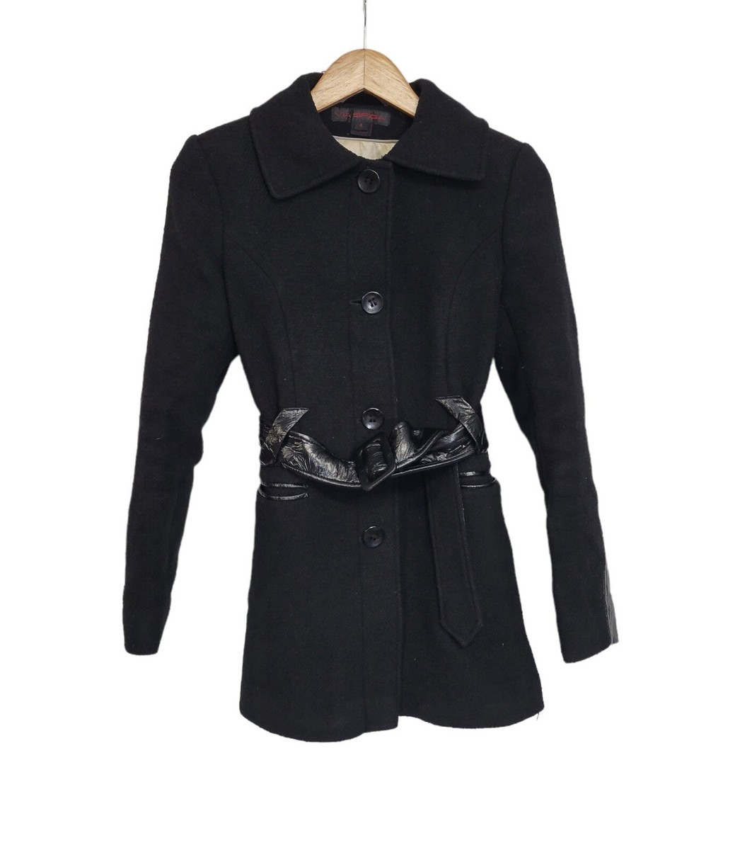 Belted Coat Via Spiga Faux Leather Trim Coat Via Spiga Black Wool