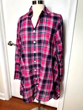 NWT TULIP Brand Hannah Button Lagenlook Relaxed Tunic in Azalea Plaid Women's S