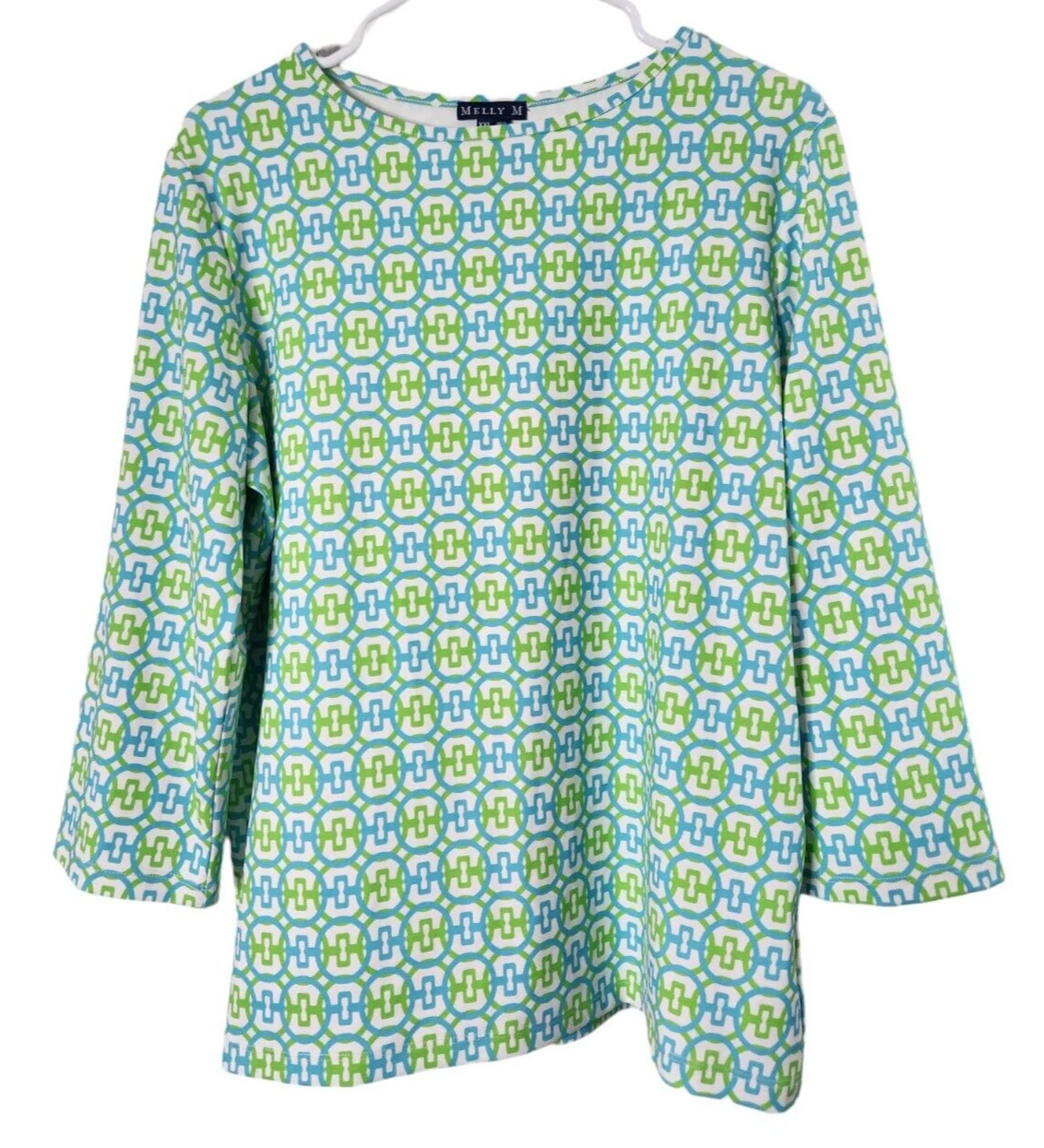Melly M Womens 2XL Top 3/4 Sleeve Shirt Geometric UPF Protection Green Blue XXL