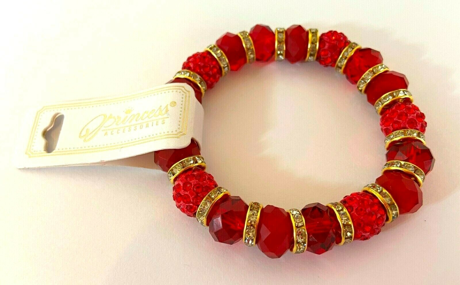 Red & White Crystal Stretch Bracelet with Duro-Dipped Elastic 3-7 Inch  -image