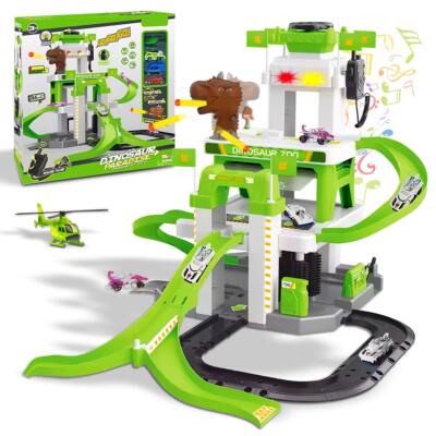 Kinder 5-stöckiger Dinosaurier Parkplatz Spielset Legierung Autos Hubschrauber Licht Sound Spielzeug