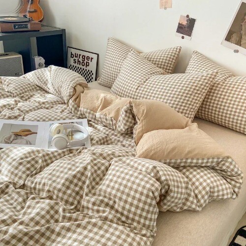 Japanese Style Check Queen Duvet Cover Set 1/3 Pcs Soft Washed Quilt Cover - Bild 3 von 36
