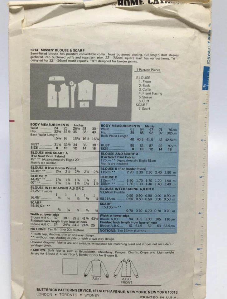 Blouse & Scarf Size 12 B5214 Uncut 70s Sewing Pattern - Image 2 of 2