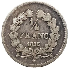 1833 W 1/4 Franc France Coin Louis-Philippe I Silver Lille Mint (MO2994-)