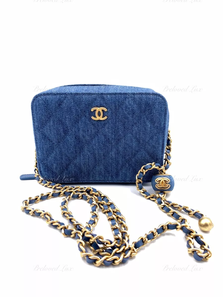 Authentic CHANEL Denim Blue Pearl Crush Mini Vanity Camera Bag GHW