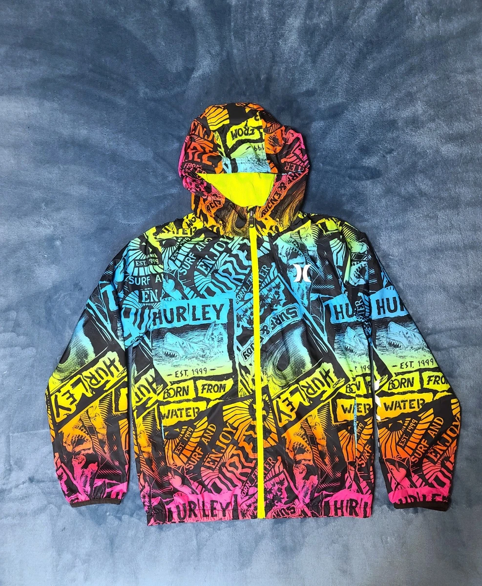 Hurley Big Kids Core Printed Windbreaker Hoodie Zip Lined Jacket Sz L (12-13yrs)