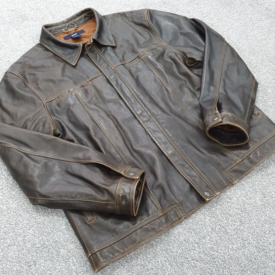 Gap Leather Jacket Mens Vintage Y2K Brown Zip Distressed Biker Moto XL - Image 2 of 4