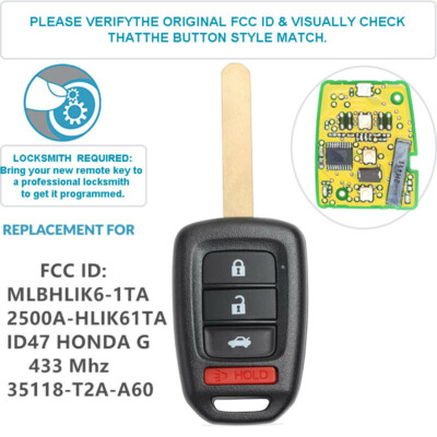 Replacement 4-Button Key Fob Remote For Honda Civic 2016-2020 LX Coupe & Accord 2016-2017 (FCC ID: MLBHLIK6-1TA) - View #5