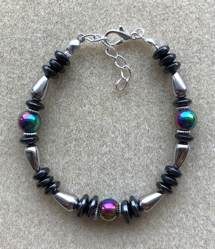 Black and Rainbow Hematite and Silver Bead Magnetic Healing Bracelet in Gift Bag - Picture 5 of 7