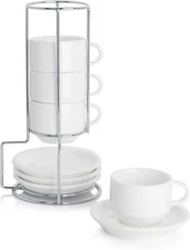 Sweese 2.5 Ounce Porcelain Stackable Espresso Cups with Saucers and Metal Stand