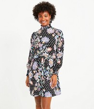 LOFT Vine Smocked Trim Dress Black Floral Ruffles Fit & Flare Long Sleeve Size 4