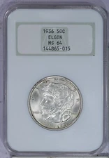 1936 Elgin Half Dollar 50c NGC MS64 - Old Holder Super Original!