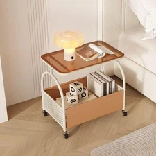 2-Tier Rolling Side Table with Glass Top Storage Basket Mobile End Table/Coff...