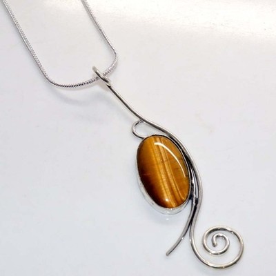 925 Silver Plated Pretty Tiger Eye Necklace 18'' Limited Edition Design Trendy GW