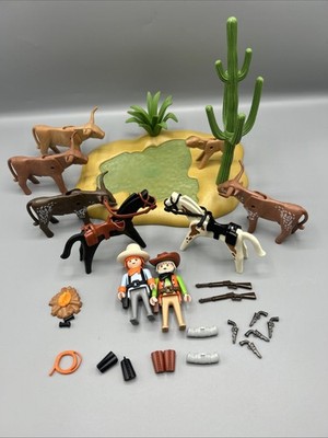 PLAYMOBIL Western Cowboy Water Hole 3801 Near Complete Longhorn