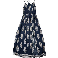 Fashion Nova Maxi Dress Medium Holy Slit Dress Navy Blue White Paisley High Slit