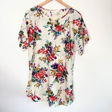 Vintage Adonna Nightgown Pajama Top Floral Ivory Short Sleeve Women Small