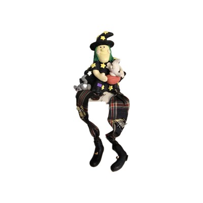 Hard Clay Witch Shelf Sitter Witch Holding Ghost With Cat Cloth Legs 3'' Tall 